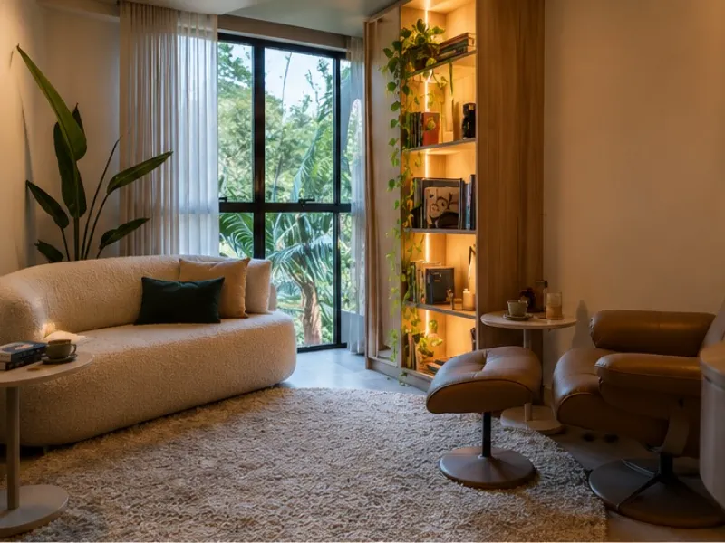 Sala de atendimento com sofá, poltrona e estante iluminada no Instituto Afeto, Setor Marista