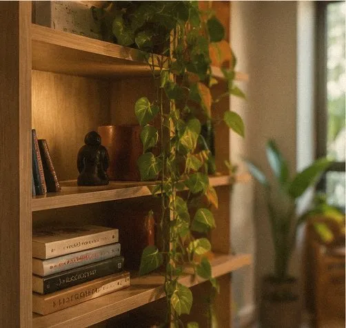 Estante de madeira com livros e uma planta pendente, no consultório