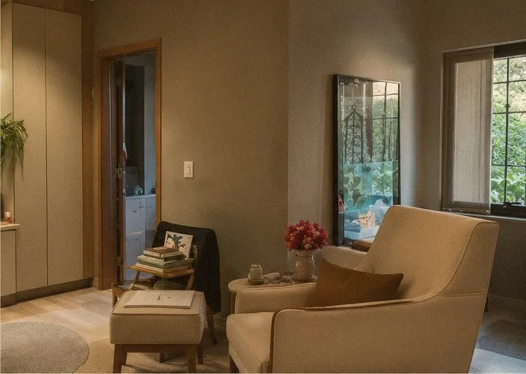 Poltrona clara ao lado de uma mesinha com flores, em sala de luz suave