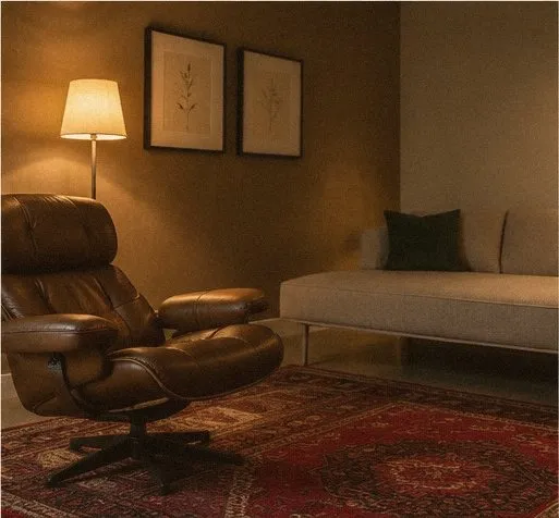 Poltrona de couro e luminária acesa em um canto aconchegante do consultório
